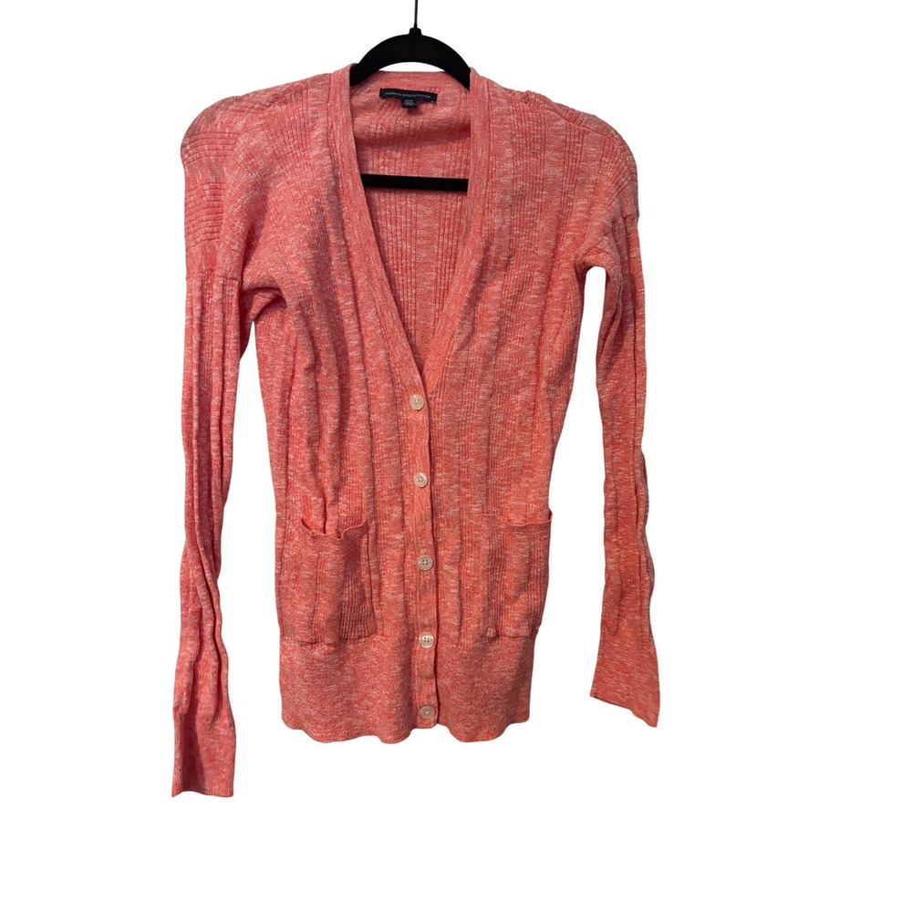 American Eagle Womens Coral Marl Ribbed‎ Button Front Cardigan Size M